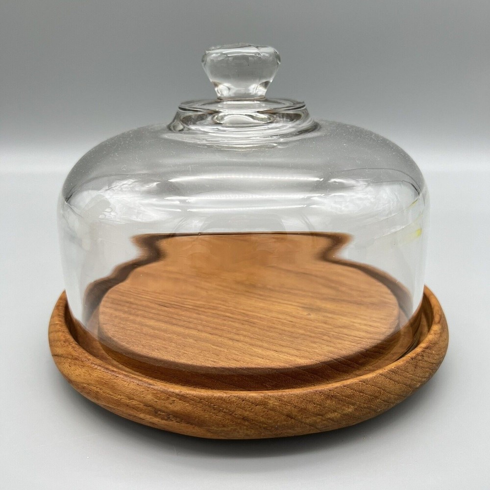 VTG Good Wood Covered Cheese Dish Plate Genuine Teak Wood Glass Dome 7.25" EUC